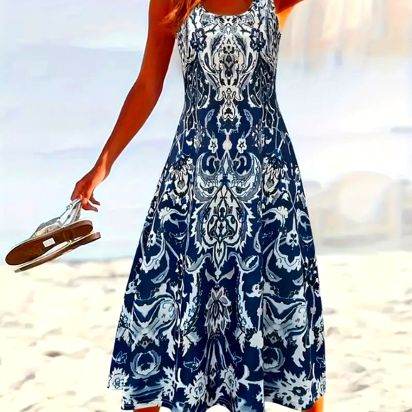 NEW Elegant Blue Patterned Sun Dress - Picture 1 of 5